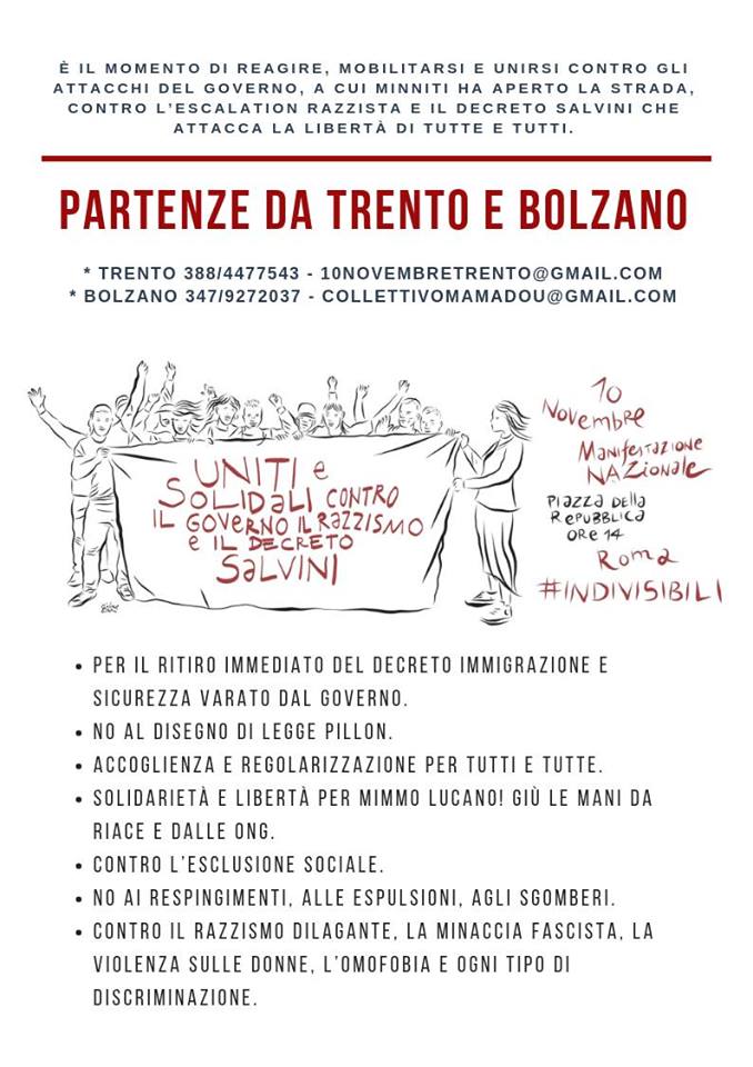 Manifestazione Nazionale 10 NOV: partenze da Trento e Bolzano