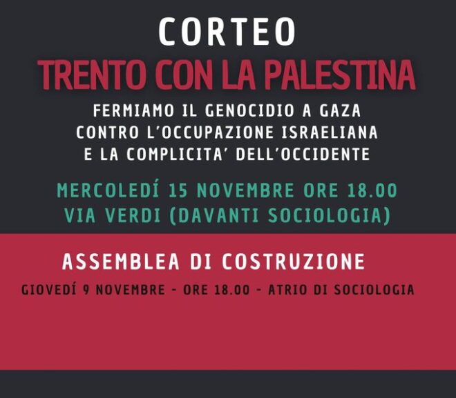Trento con la Palestina: corteo cittadino 15 novembre 2023 ore 18.00